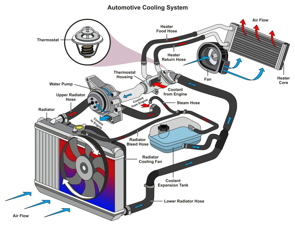 A diagram of a vehicle radiator and how it works.